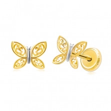 14K kombinált arany fülbevaló  - kétszínű pillangó, faragott szárnyakkal,stekker zár