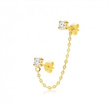 375 sárga arany piercing - dupla fülbevaló, kerek cirkónia négyzet alakú tartóban, ovális láncszemekből álló lánc