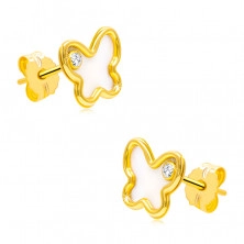 9K sárga arany fülbevaló - pillangó forma természetes gyönggyel és cirkóniával