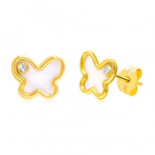 9K sárga arany fülbevaló - pillangó forma természetes gyönggyel és cirkóniával