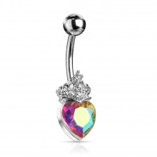 Acél köldök piercing - szív kristályokkal díszített tiarával, különböző színekben, ródium bevonattal