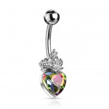 Acél köldök piercing - szív kristályokkal díszített tiarával, különböző színekben, ródium bevonattal