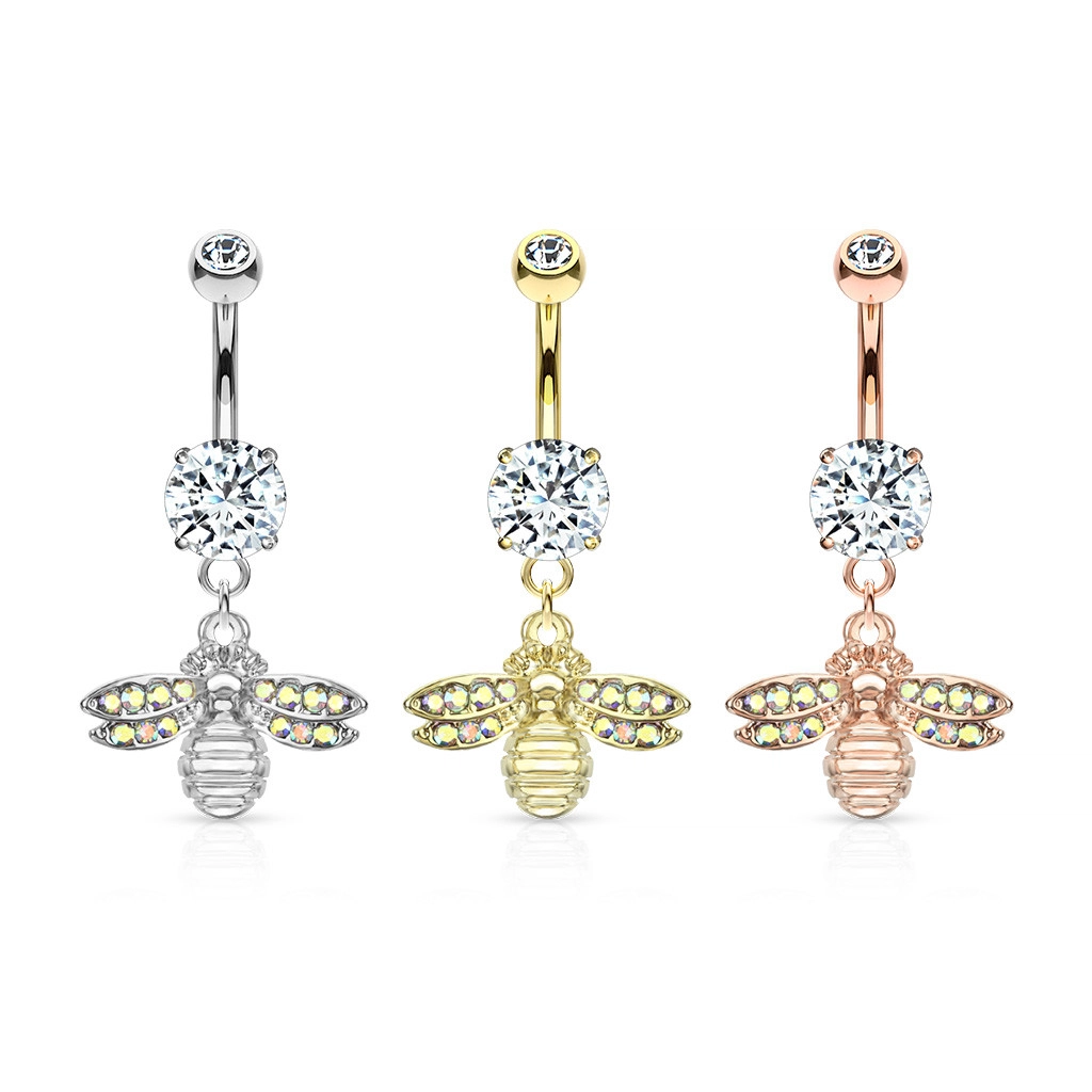 Acélból készült köldök piercing - méh, szivárvány színű kristály szárnyakkal,átlátszó kristály foglalatban - Szín: Ezüst