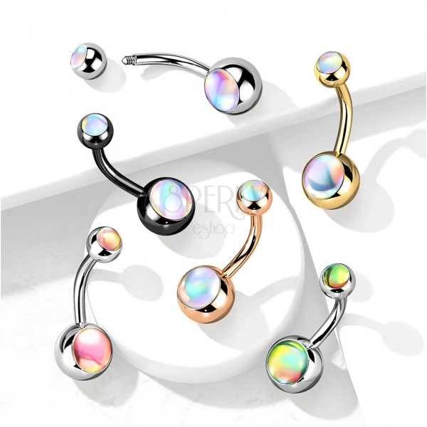 316L acél köldök piercing - gyöngyök szivárványos holdkővel, különböző színekben, PVD technológia