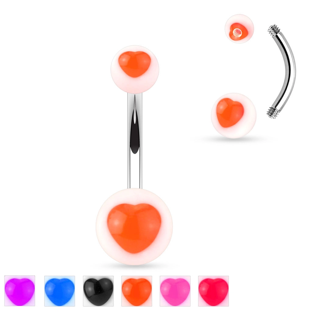 316L acél köldök piercing - fehér akril gyöngyök színes UV szívvel - Szín: Narancssárga 