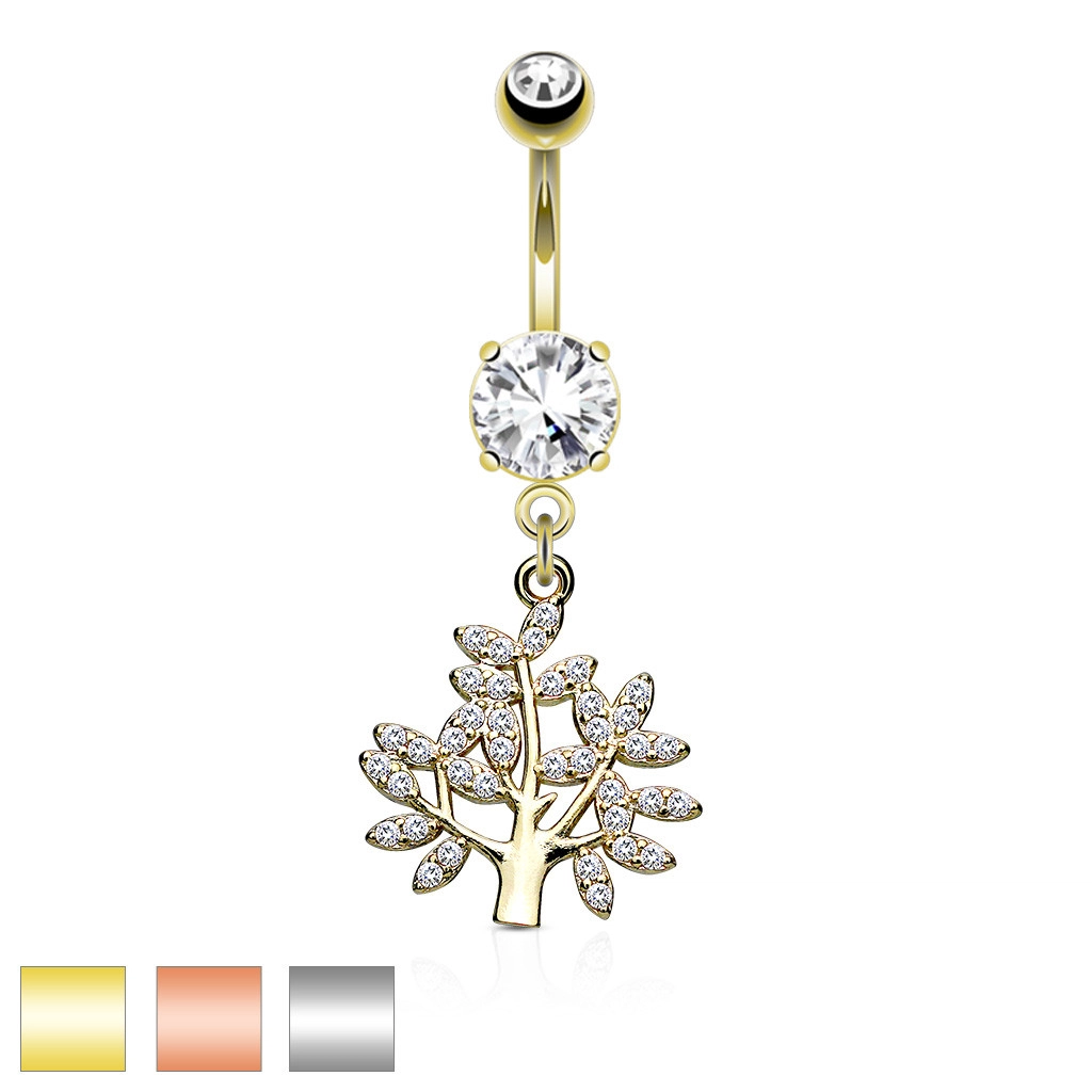 Acél köldök piercing - életfa, jellegzetes kerek cirkónia, különböző színekben - Szín: Ezüst