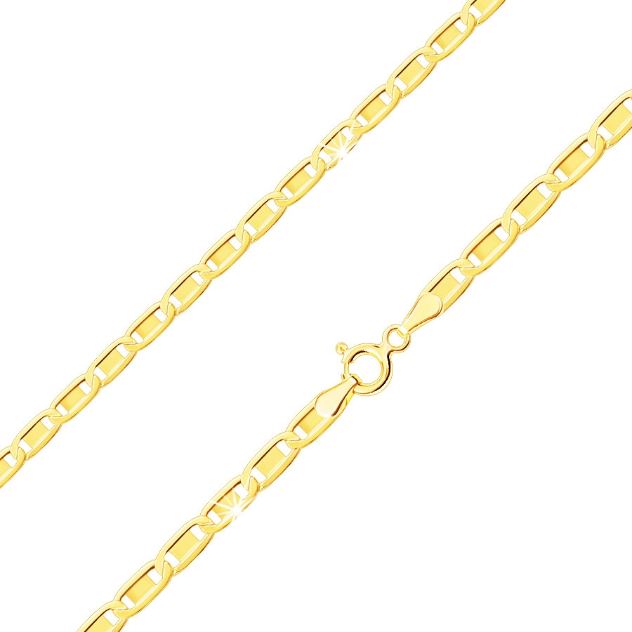 585 sárga arany lánc, fényes ovális láncszemek, sima téglalapok 550 mm