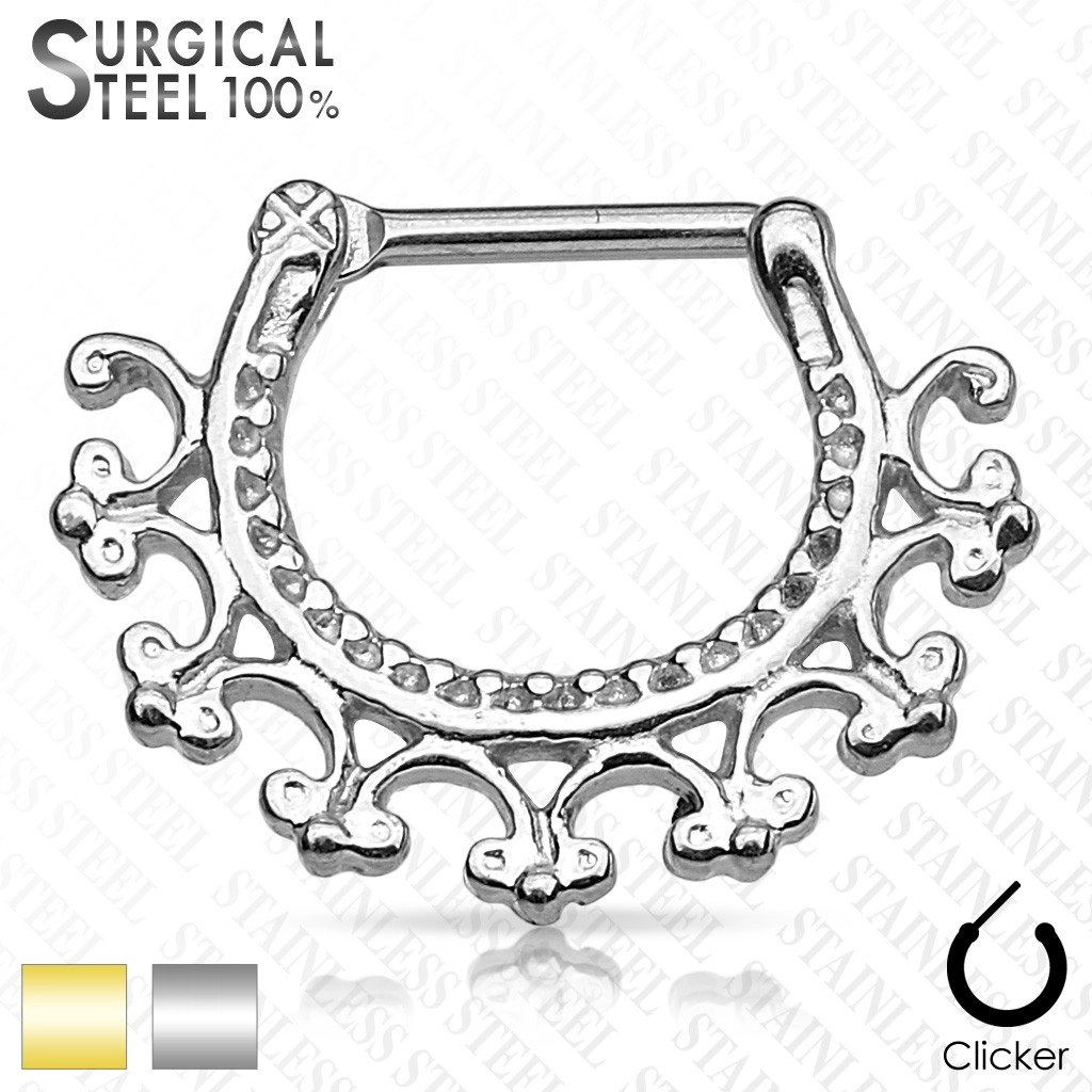 Sebészeti acél készült septum piercing - kör alakú szegmens, díszítéssel, bepattintós zárral - Szín: Ezüst