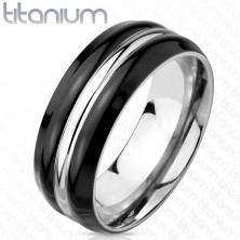 Titán gyűrű ezüst színben - fekete élek, középen ezüst vonallal, 8 mm