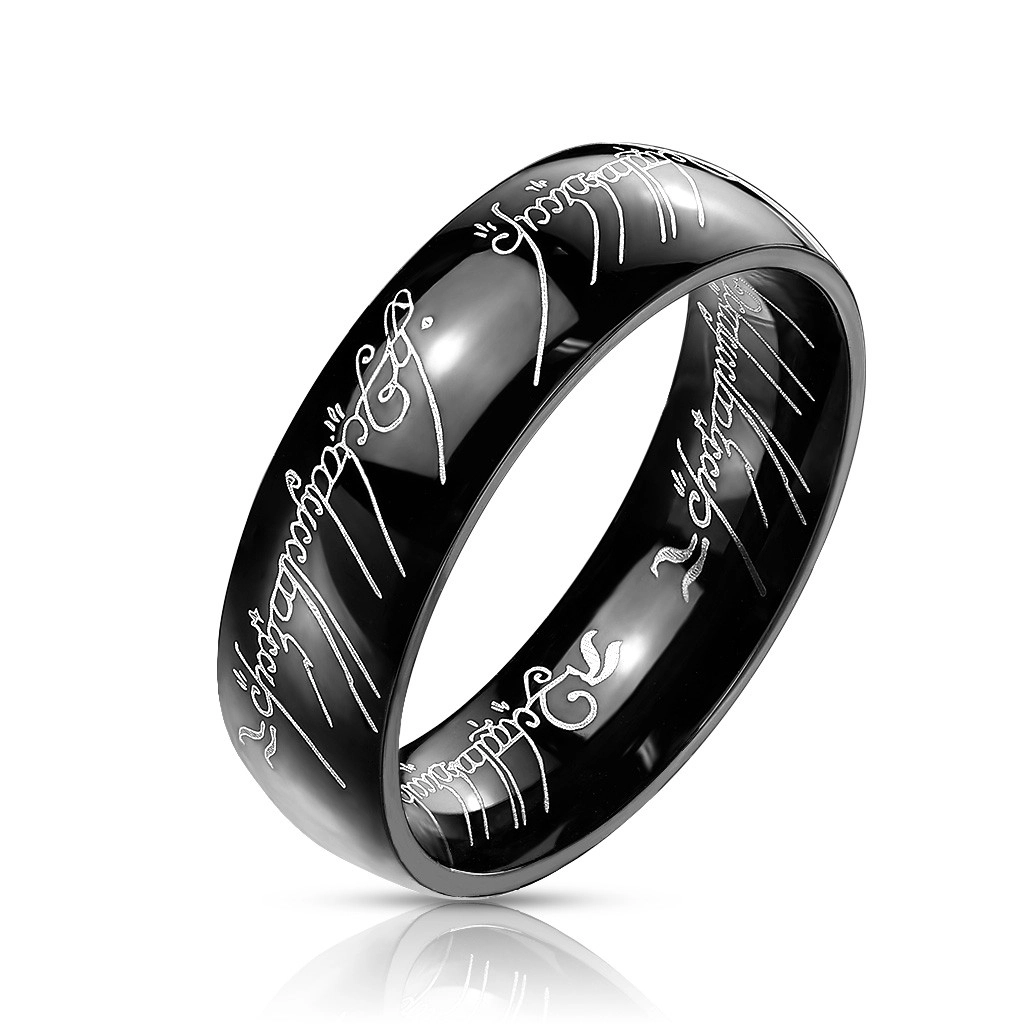 Fekete acél gyűrű-  A Gyűrűk Ura motívummal, 6 mm - Nagyság: 48