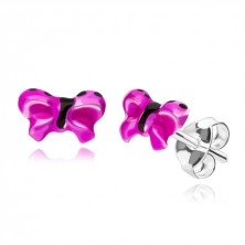 925 Ezüst fülbevaló - rózsaszín-lila mázzal díszített pillangók, stekkeres zárral