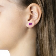 925 Ezüst fülbevaló - rózsaszín-lila mázzal díszített pillangók, stekkeres zárral