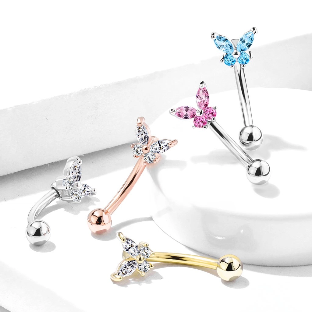 Ívelt acél  szemöldök piercing - cirkóniákkal díszített pillangó, különböző színekben - A cirkónia színe: Ezüst - rózsaszín