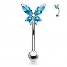 Ívelt acél  szemöldök piercing - cirkóniákkal díszített pillangó, különböző színekben