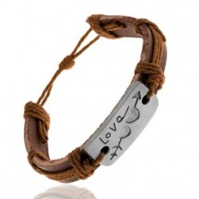 Brown leather bracelet with strings, a rectangle with carved hearts, Love