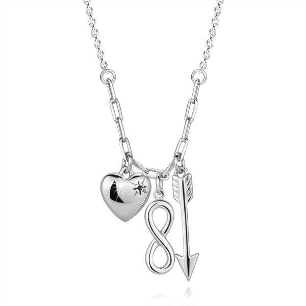 925 ezüst nyaklánc - fekete briliáns, szív, végtelen szimbólum, nyíl