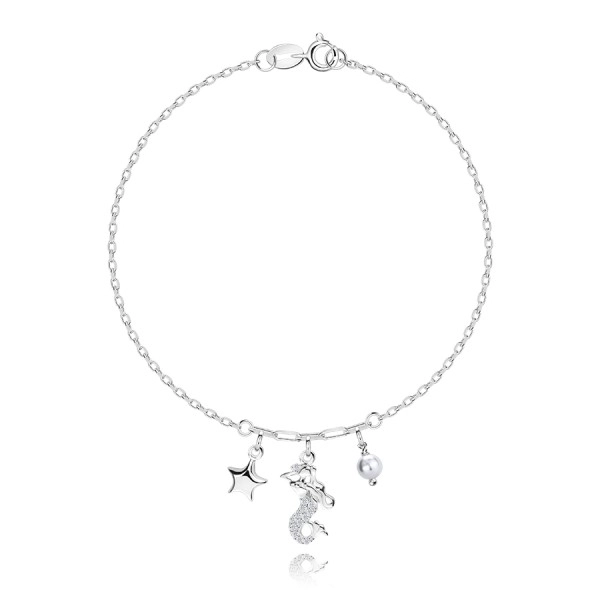 925 ezüst karkötő – csillag, sellő, szintetikus gyöngy, átlátszó cirkóniák