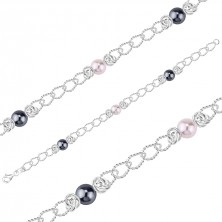  925 ezüst karkötő - könnycsepp alakú láncszemekkel, rózsaszín és két sötétszürke szintetikus gyönggyel