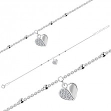 925 ezüst állítható  karkötő - szív medál, kerek cirkóniák, sima gyöngyök