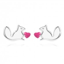 925 ezüst fülbevaló – mókus farokkal, rózsaszín szív, stekkerzár