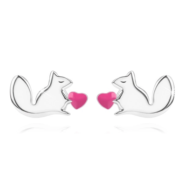 925 ezüst fülbevaló – mókus farokkal, rózsaszín szív, stekkerzár
