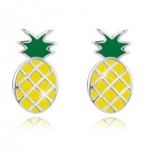 925 Ezüst fülbevaló – sárga ananász, zöld szár, stekkerzárral