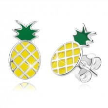 925 Ezüst fülbevaló – sárga ananász, zöld szár, stekkerzárral