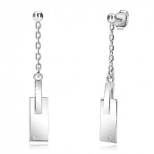  925 ezüst fülbevaló - tiszta gyémánt, sima téglalap, rövid lánc, stekkerzár