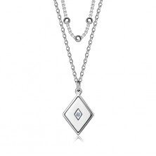 925 ezüst dupla nyaklánc - rombusz, átlátszó gyémánt a közepén, sima gyöngyökkel