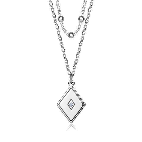 925 ezüst dupla nyaklánc - rombusz, átlátszó gyémánt a közepén, sima gyöngyökkel