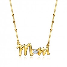 925 Ezüst nyaklánc – arany színű, „Mom” felirattal, kerek cirkónia, lánc gyöngyökkel,aranyozott