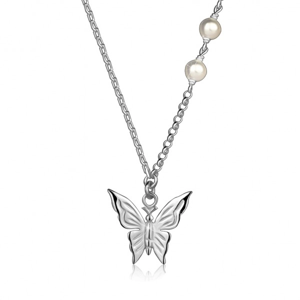 925 ezüst nyaklánc - pillangó, fehér szintetikus gyöngy, különféle láncok