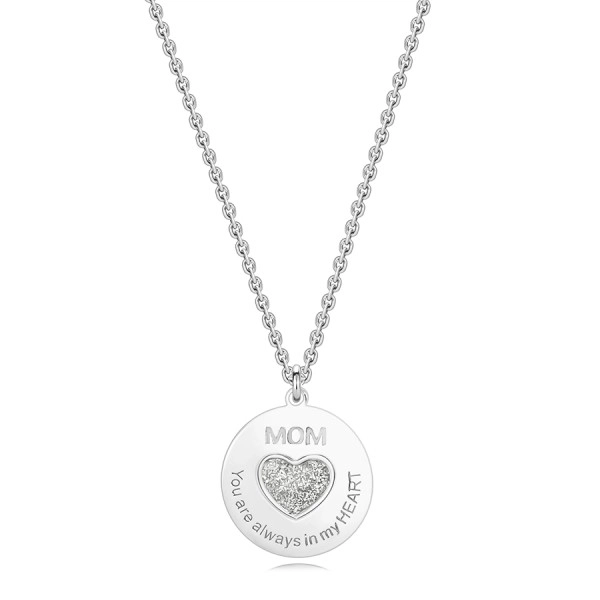 925 ezüst nyaklánc - fényes kör , csillogó szív felirattal, "MOM"