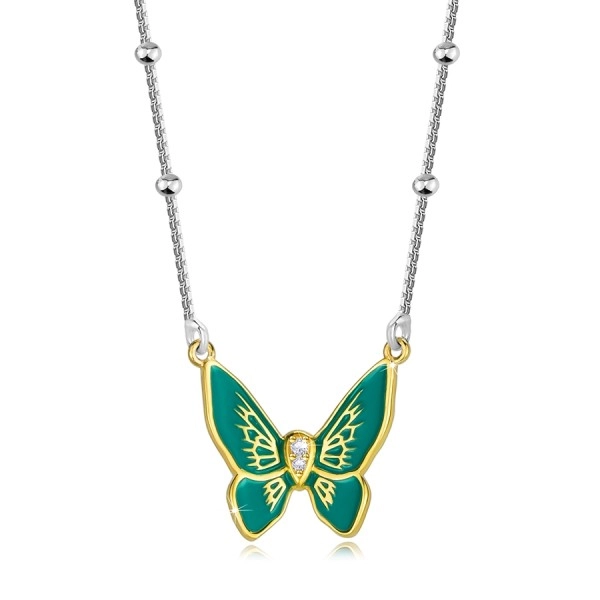 925 ezüst nyaklánc - pillangó zöld szárnyakkal, cirkóniás testtel, sima gyöngyökkel