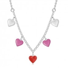 925 ezüst gyerek nyaklánc - vékony lánc, három színű szívekkel