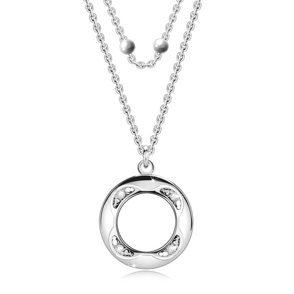 925 ezüst nyaklánc - dupla lánc, briliánsok, kivágott gyűrű, gyöngyök