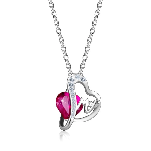 925 ezüst nyaklánc - sötét rózsaszín cirkónia, átlátszó cirkóniás vonal, aszimmetrikus szív, MOM felirat