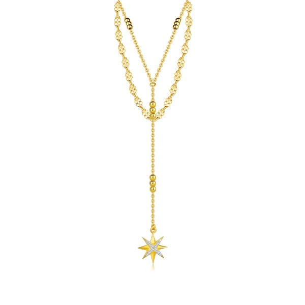 925 dupla ezüst nyaklánc - arany színű, cirkónia csillag, lapos oválisok, állítható hosszúság