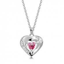 925 ezüst nyaklánc – szív körvonal, rózsaszín cirkónia, „LOVE YOU MOM” felirattal