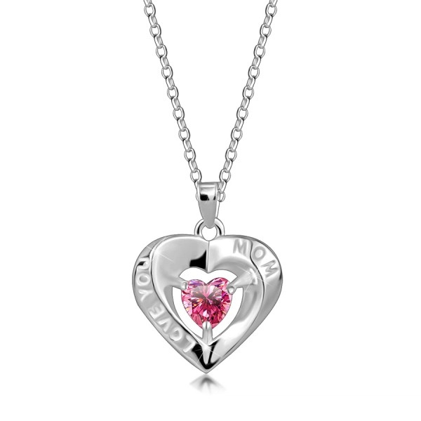 925 ezüst nyaklánc – szív körvonal, rózsaszín cirkónia, „LOVE YOU MOM” felirattal