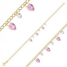 925 ezüst karkötő - arany színű, szív alakú cirkónia,  rózsaszínű színben, kerek átlátszó cirkóniával