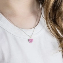925 ezüst állítható gyerek nyaklánc- rózsaszín szív, átlátszó gyémánt