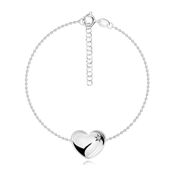 925 ezüst csillogó karkötő - domború szív, Sarkcsillag , átlátszó gyémánttal