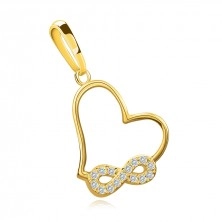375 sárga aranyból készült medál - aszimmetrikus szív, Végtelen szimbólum, átlátszó cirkóniák