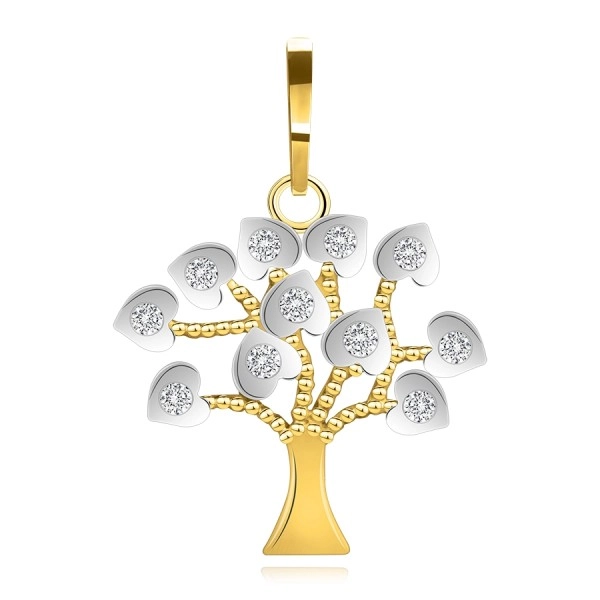 14K kombinált arany medál - életfa, átlátszó cirkóniák, barázdák