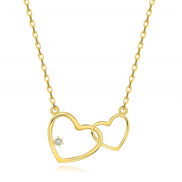 14K sárga aranyból készült nyaklánc - két szív összekötött kontúrja, kerek gyémánttal