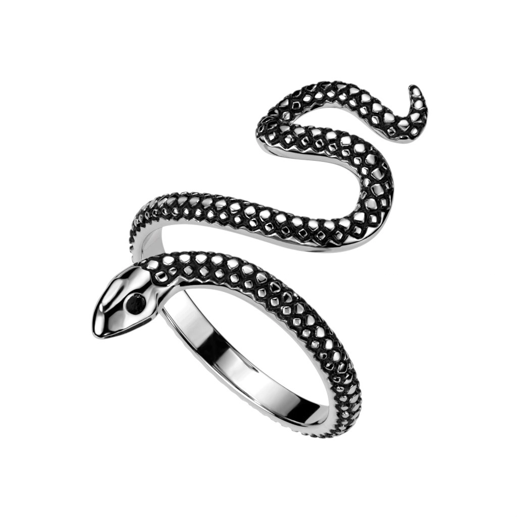 Nyitott gyűrű sebészeti acélból - kígyó motívum, ezüst színű patinával - Nagyság: 67