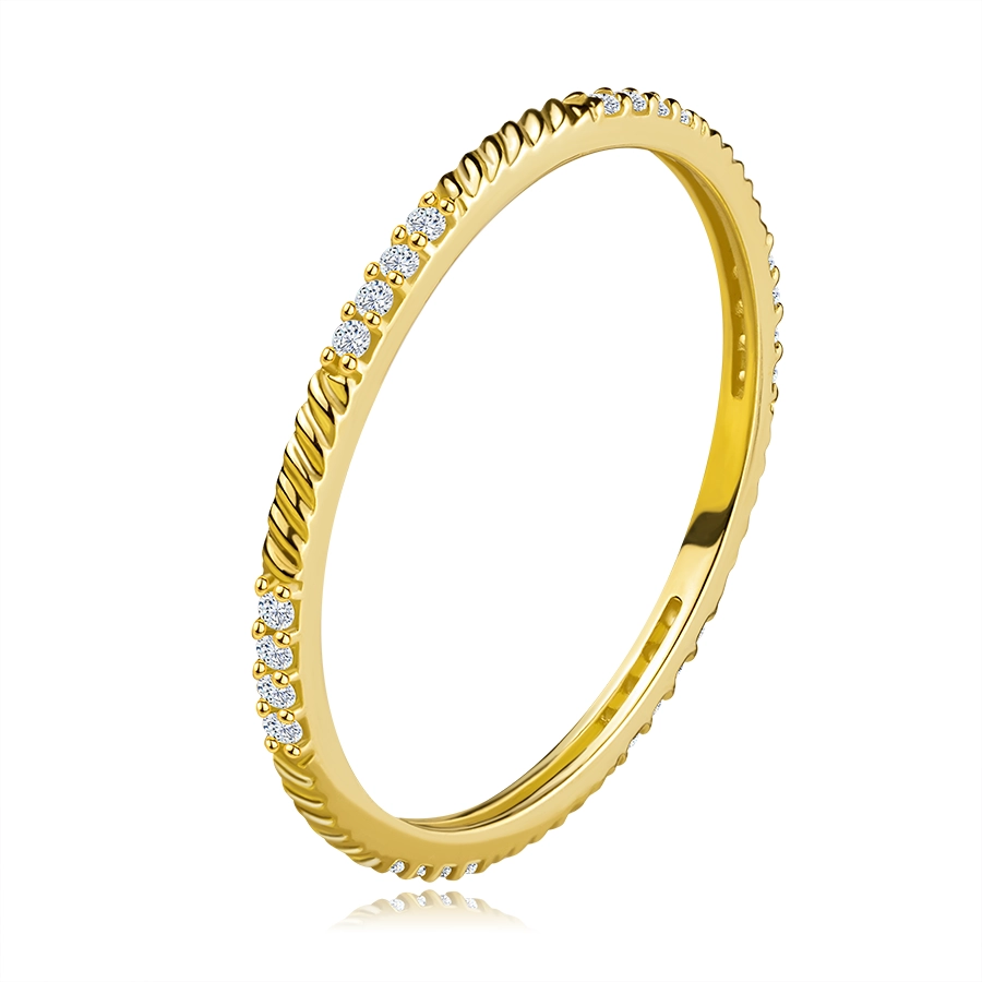 585 sárga arany finom gyűrű - kerek cirkóniák vonala, átlós bevágásokkal - Nagyság: 56