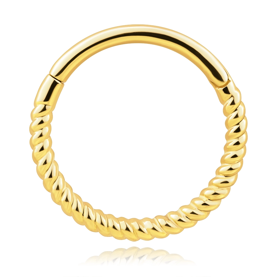 14K sárga arany kerek piercing - csavart váll, bepattintós zárral, 10 mm