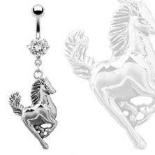 Köldök piercing vágtató ló - ezüst színváltozatban, átlátszó cirkóniával